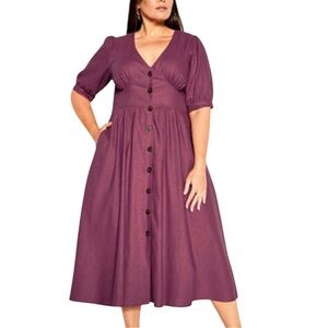 City Chic Linen Blend Button Front Midi Dress Plum Purple M
